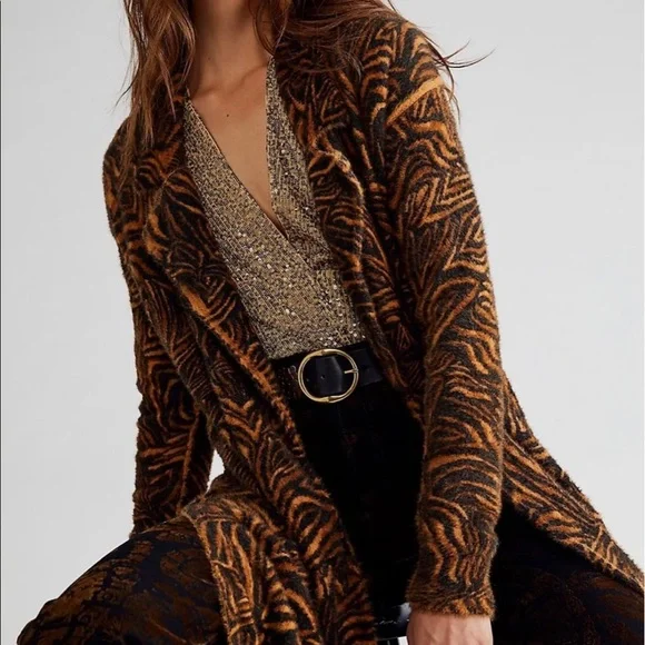 New Free People Long Animal Cardi Duster Sweater Size L - Picture 2 of 7